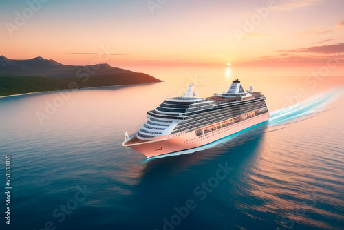 Luxury cruise ship sailing to ocean on sunset.