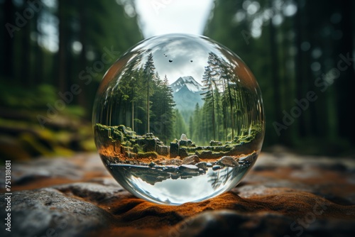 Crystal ball with forest and mountain in the background. Nature concept.