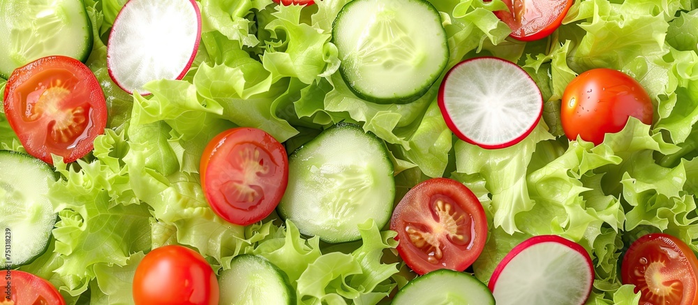 A fresh healthy green salad is meticulously arranged with cucumbers, lettuce, cherry tomatoes, and radish in a top-down view, creating a visually appealing pattern.