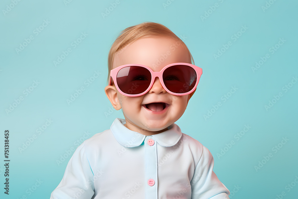 Funny laughing baby with pink sunglasses in front of blue studio background Funny laughing baby with pink sunglasses in front of blue studio background
