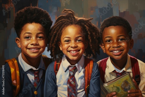 Smiling afro school children. Ready for school bus. Generate Ai photo