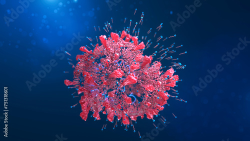 Soap molecules destroying a virus, conceptual illustration. Soap molecules with a hydrophilic- water loving head (blue) and a hydrophobic - fat loving tail.