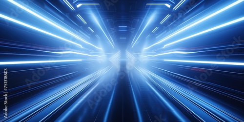 Blue futuristic sci-fi style corridor or shaft background with exit or goal ahead.Abstract cyber or digital speedway concept.