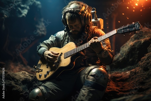 Astronaut sitting on the moon surface and playing on the guitar