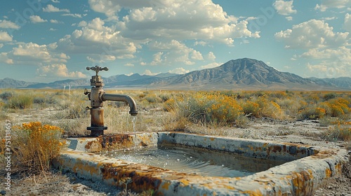 a Iron Faucet releases water on arid land