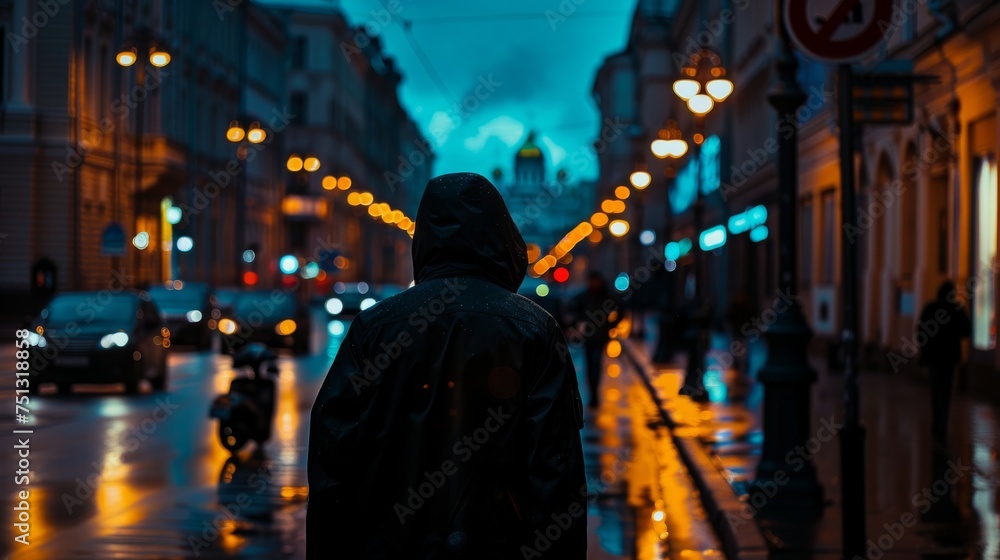 Mysterious Figure in Raincoat Walking Down Rainy Evening Street Capturing Urban Life and Solitude