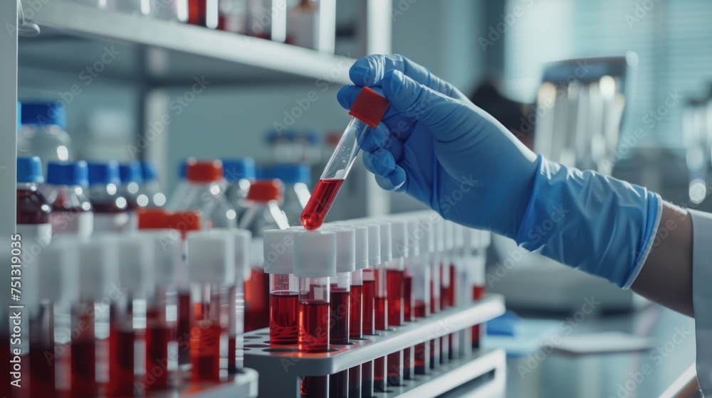 Doctor holding blood test tube from shelf with analyzer in laboratory Doctor holding blood test tube from shelf with analyzer in laboratory