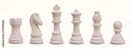 Complete set of chess pieces lined up in row. Realistic rook, knight, king, queen, knight, pawn