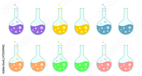 round bottomed flask or boiling flask vector set. colorful laboratory chemical glassware equipment. flat design illustration isolated on white background.