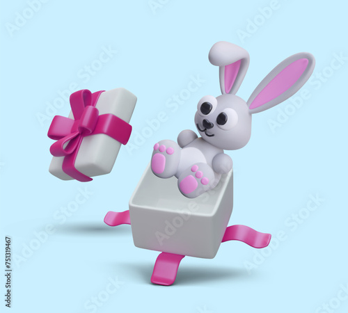 Cute rabbit in open gift box with pink bow. Pleasant surprise, funny bunny