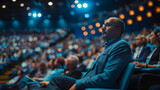 A commanding image capturing a keynote speaker addressing a packed auditorium at a security conference, with attendees engaged and taking notes.