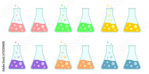conical flask or erlenmeyer flask vector set. colorful laboratory chemical glassware equipment. flat design illustration isolated on white background.