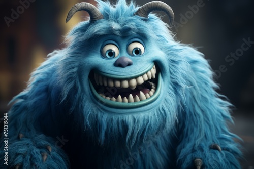 Smiling blue monster. Cute funny. Generate Ai