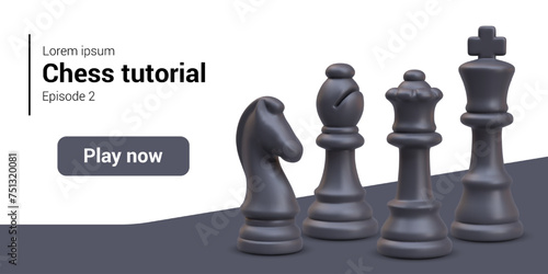 Poster layout for online chess training. Realistic illustration, place for text, description, button