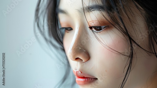 A beautiful Asian woman has insomnia and dark circles around her eyes.