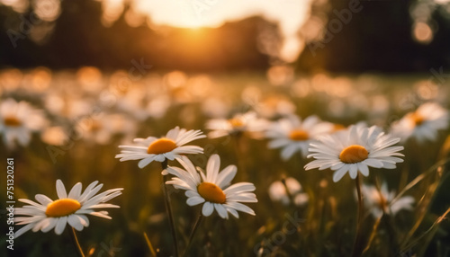 Obraz na płótnie Bagliori al Tramonto su Paesaggio di Margherite Bianche w salonie