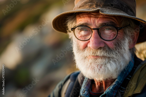 Elderly hiker with a warm smile and glasses.