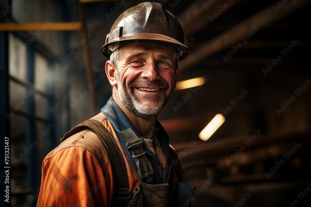 Construction smiling worker standing. Safety work. Generate Ai Construction smiling worker standing. Safety work. Generate Ai