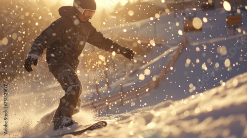 Snowboarder is carving down a groomed ski slope at a ski resort. Man on a snowboard. The concept of a healthy life.