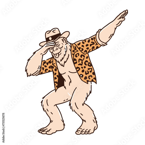 Bigfoot wear cowboy hat and leopard print scarf, Dabbing Pose , Funny and Cool, Minimal T-Shirt design for Bigfoot Lover, Svg Eps Vector illustration