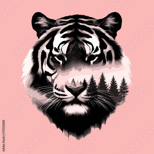 Tiger Double Exposure Forrest, Design for Nature Lover, Svg Eps Vector illustration