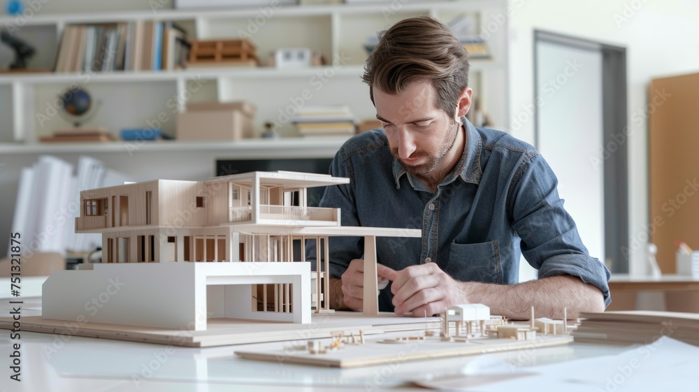Architect assembles model-style house model at work table in white office. Architect assembles model-style house model at work table in white office.