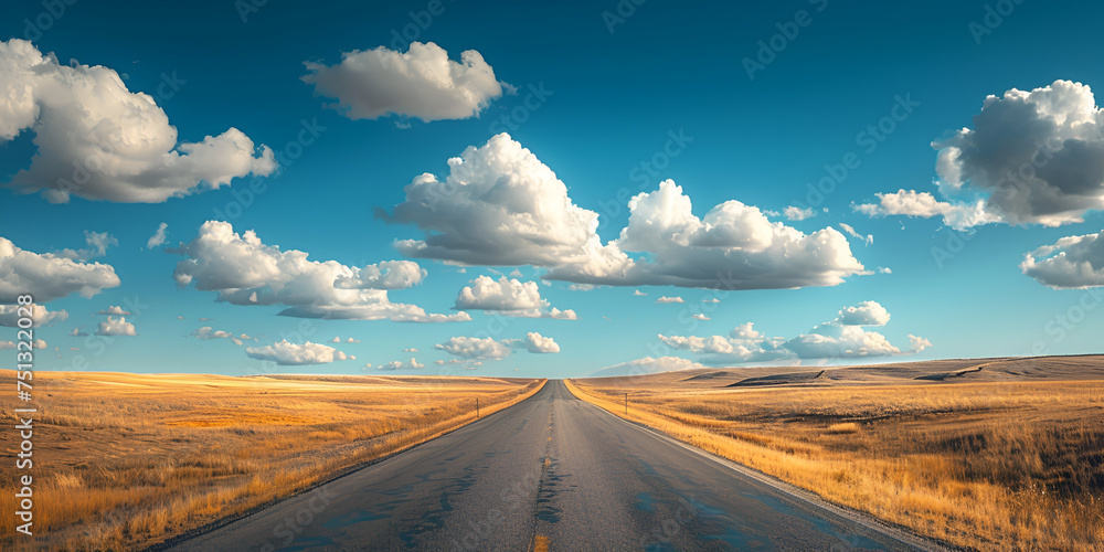 A road stretching towards the horizon. An endless empty road cutting through a vast field, extending towards the distant horizon, Long highway road landscape in a rural area,