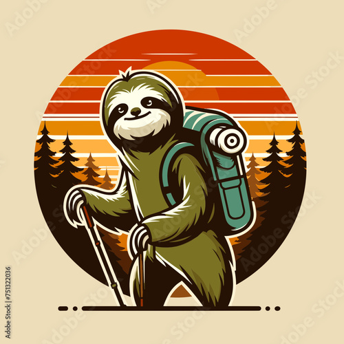 Sloth Hiking in the Forrest with Map and Pole, Design for Trekking Lover, Svg Eps Vector illustration