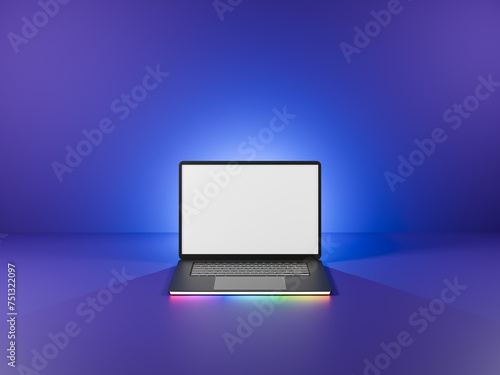 3D Laptop computer with glow rainbow led light open with blank screen on blue glow light background. 3D render illustration