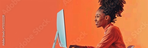 portrait of a woman smsiling,  looking a laptop computer, with an orange pattern background