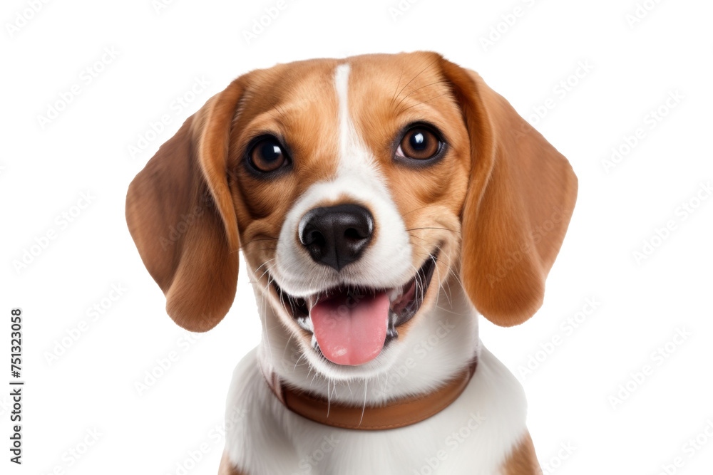 Cute fluffy portrait smile Puppy dog Beagle that looking at camera isolated on clear png background, funny moment, lovely dog, pet concept.