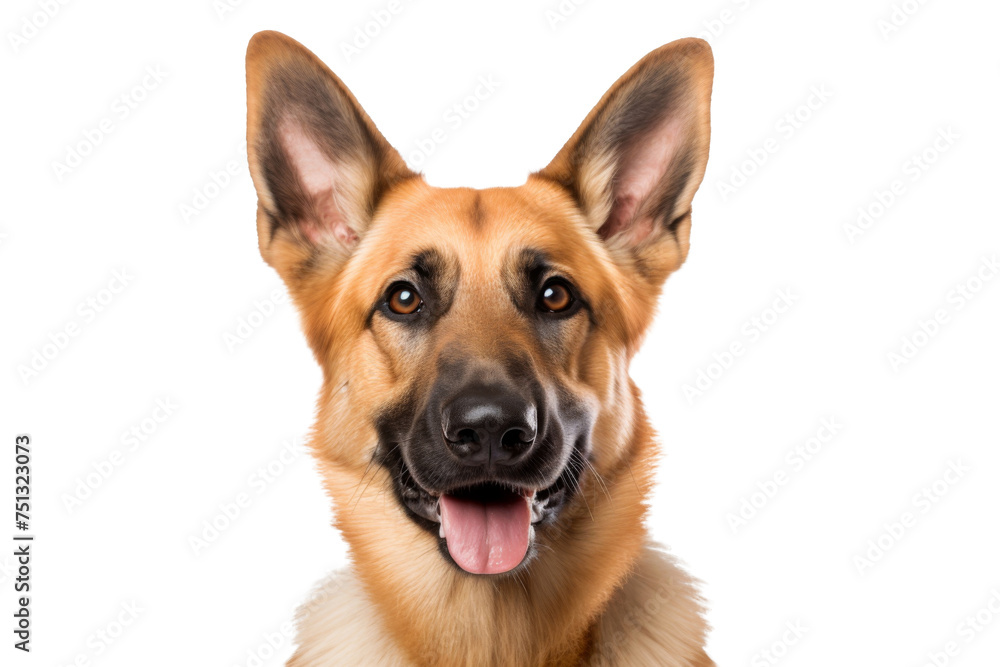Cute fluffy portrait smile Puppy dog German Shepherd that looking at camera isolated on clear png background, funny moment, lovely dog, pet concept.