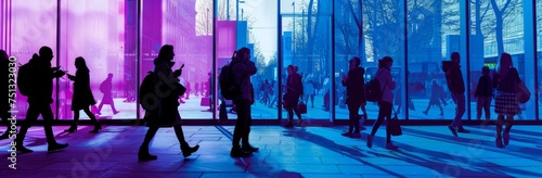 people walking around in a urban street context, near buildings, blue and purple green background,vivid colors