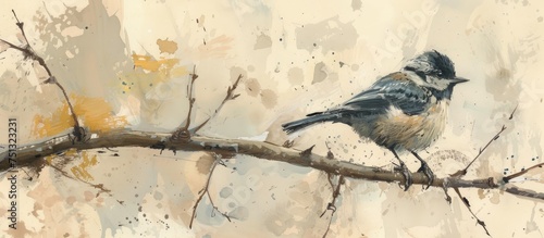 A painting depicting a bird perched on a branch. The bird is delicately captured in a moment of stillness, showcasing its intricate details and the texture of the branch.