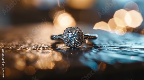 Jewelry diamond ring on a black background with bokeh