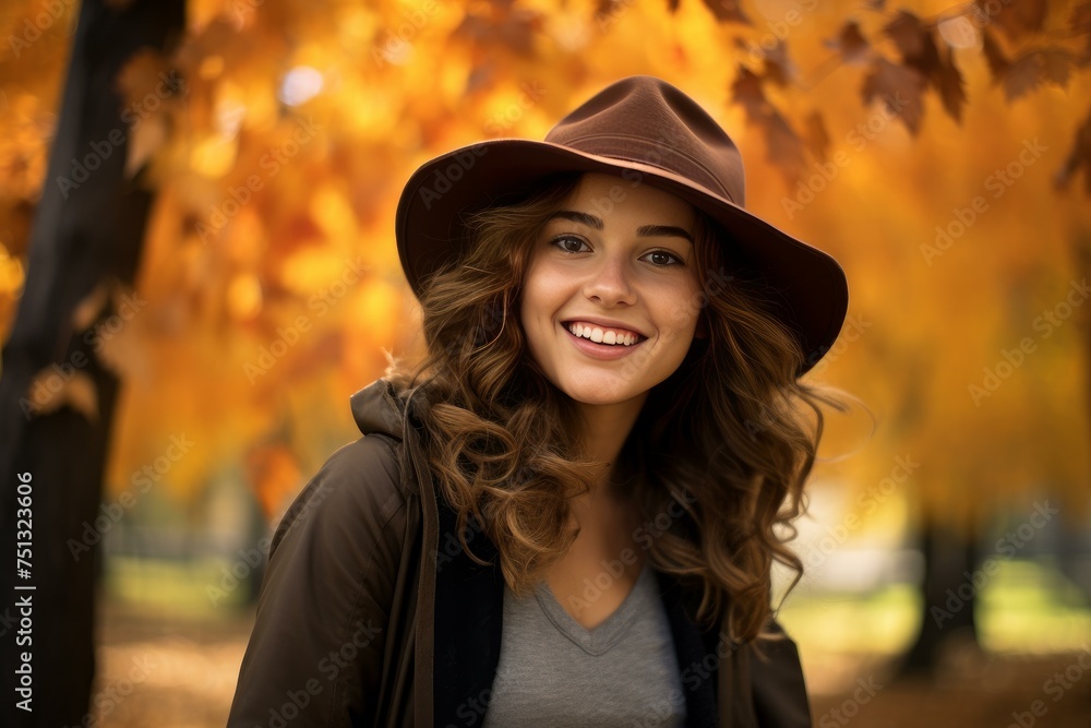 Smiling girl autumn park. Pretty woman in fall yellow season. Generate ai Smiling girl autumn park. Pretty woman in fall yellow season. Generate ai
