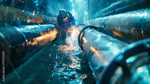 Butt welding underwater pipeline using automatic equipment.