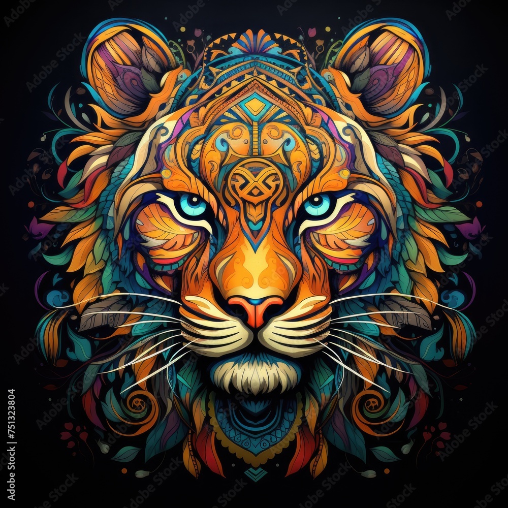 Fototapeta premium Colorful tiger mandala art on black background.
