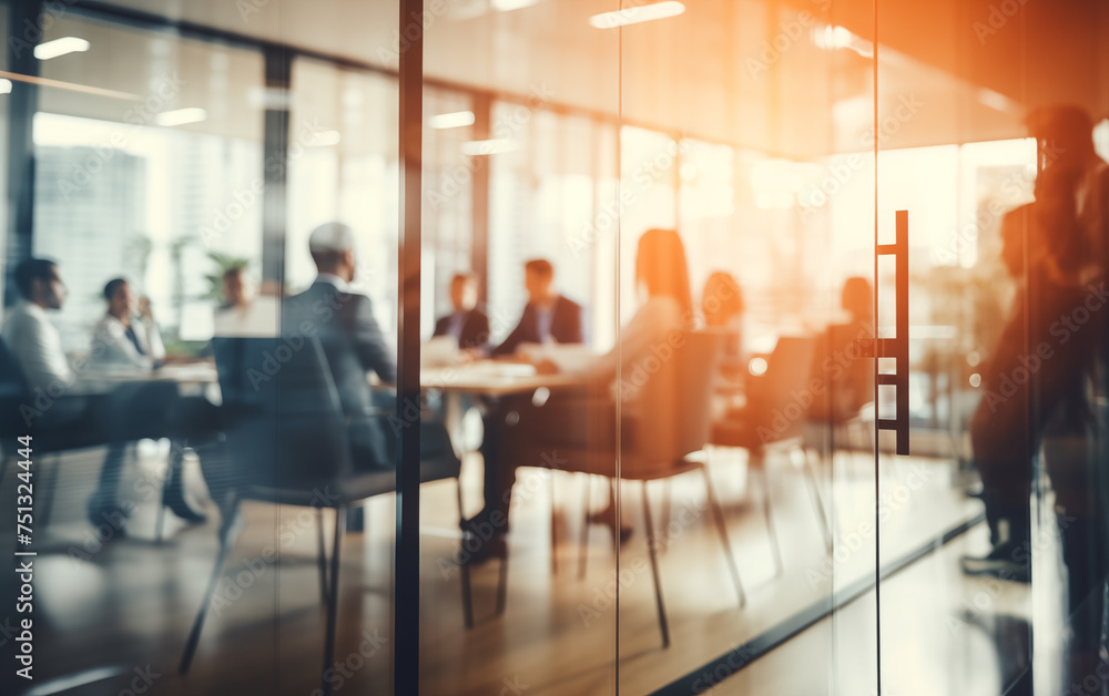 Fototapeta premium business meeting - out of focus behind glass wall - office work illustration.