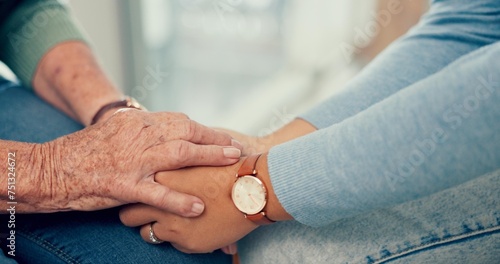 Comfort, senior or closeup of people holding hands for comfort or heal for wellness together. Therapist, sympathy or elderly person bonding, praying or care after death with psychologist or support photo