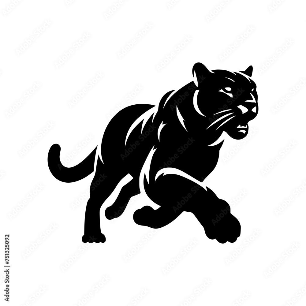 Black silhouette of a puma isolated on a white background. Vector logo of a jaguar. 