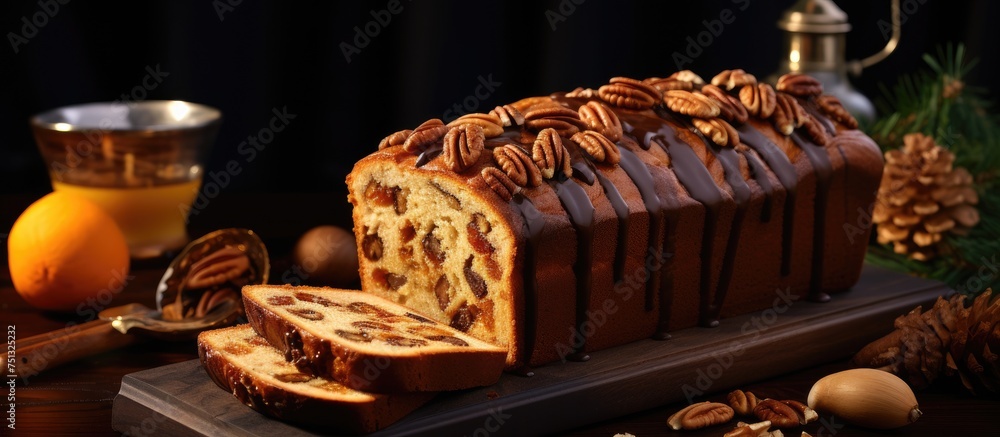 A loaf of cake, rich in traditional sweet bread with nuts and a cocoa drizzle, sits on top of a wooden cutting board.