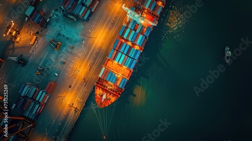 Aerial view of a container ship at an airport or shipping yard.