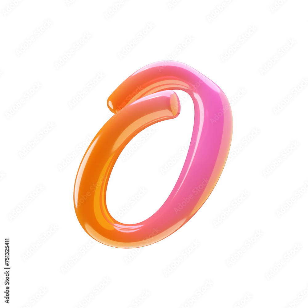 3D Glossy Plastic style lowercase letter o, character isolated in pink, orange colors