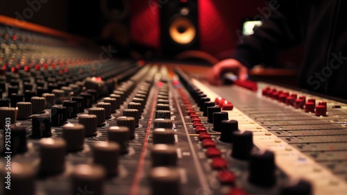 Close-up of a sound mixing board in a studio with visible knobs and sliders
