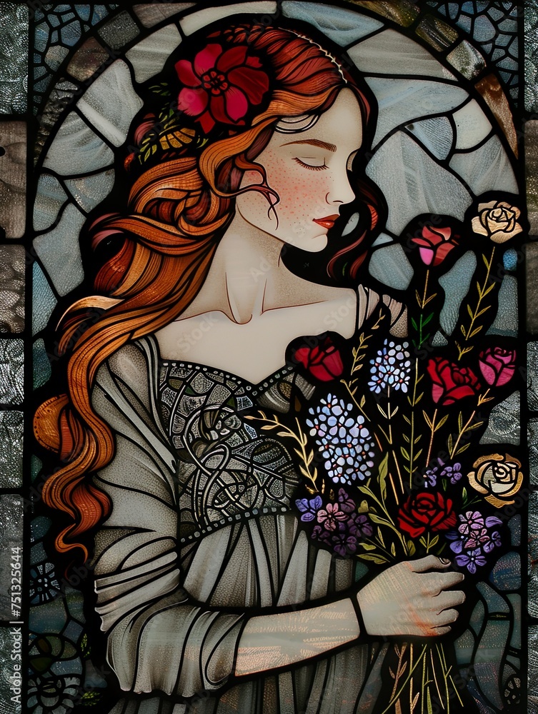 A woman holding a bouquet of flowers in a stained glass window