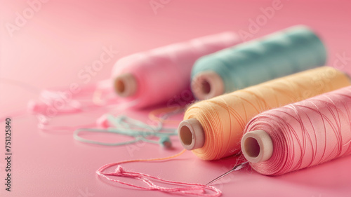 Spools of colorful sewing threads with needles on a pink surface photo