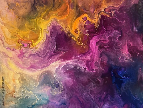 A painting of a colorful swirl with a yellow and purple background