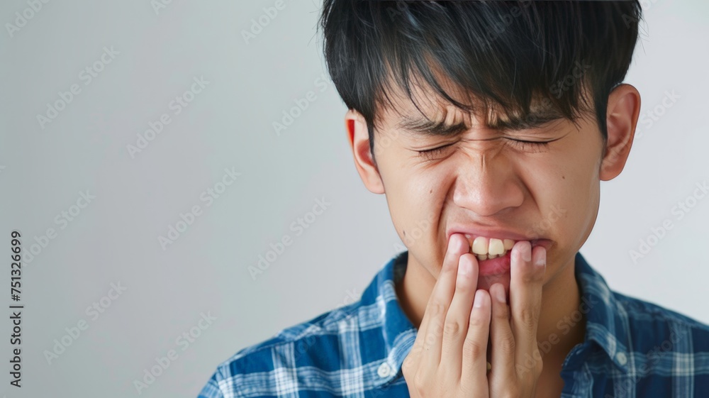 young asian man A toothache. White background. young asian man A toothache. White background.