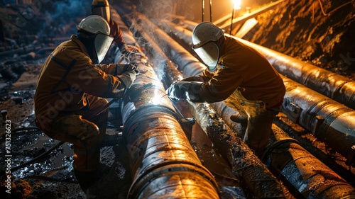 Welding of gas pipes on shore by several technicians.